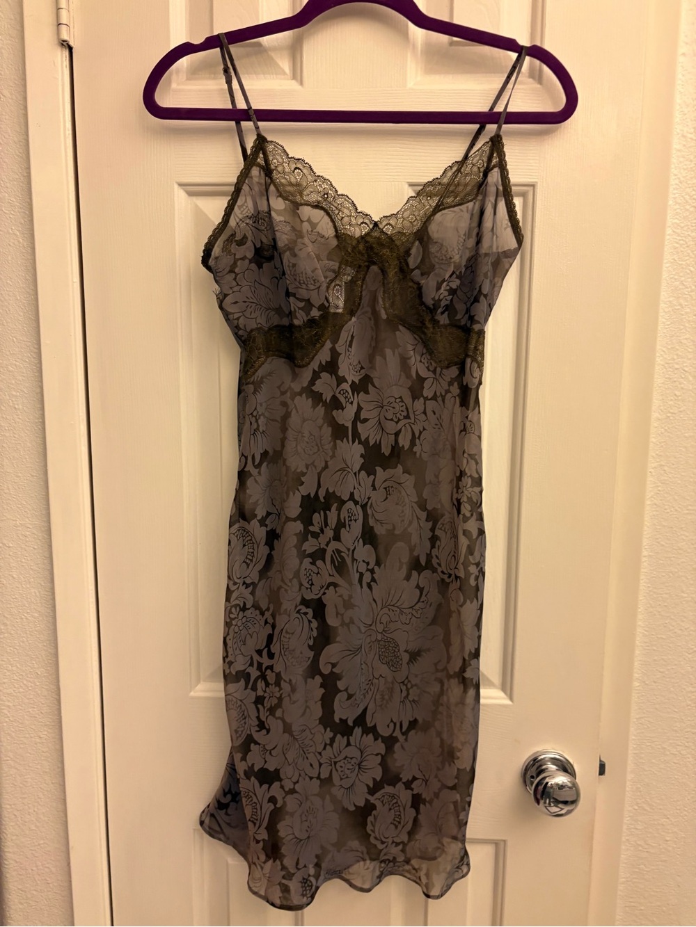 Vanity Fair Olive Sheer Floral Lace-Trim Chemise